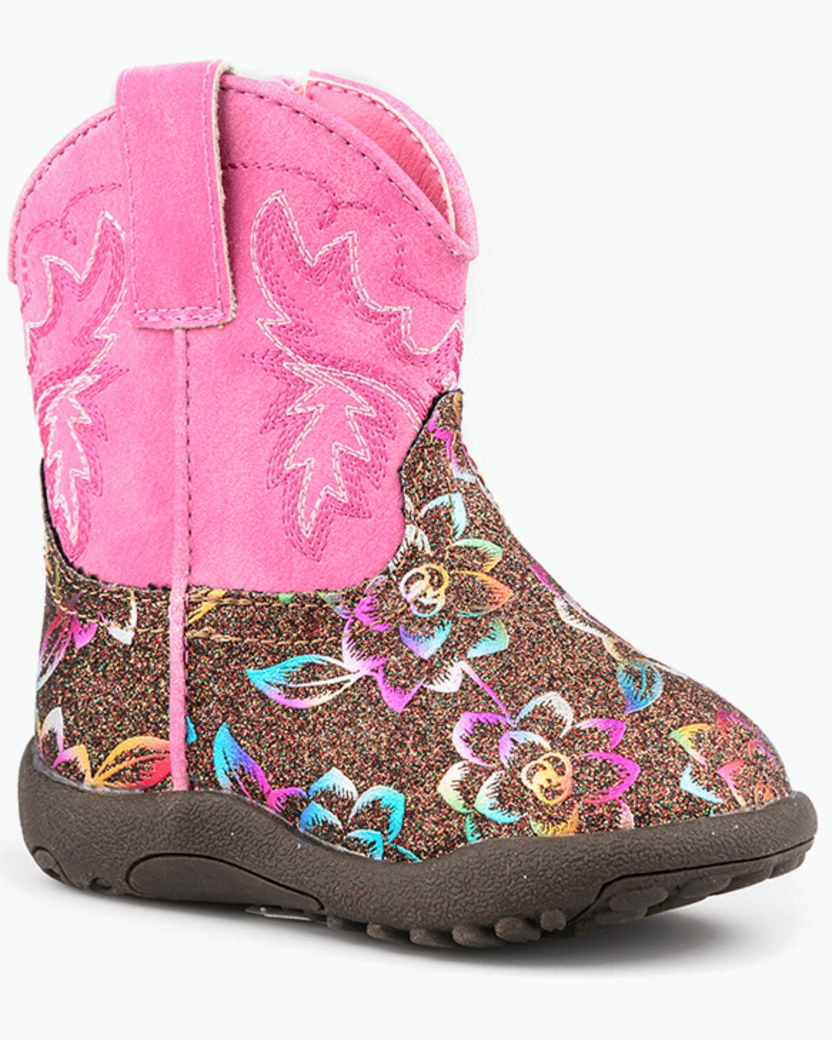 Image #1 - Roper Infant Girls' Cowbabies Glitter Rose Western Boots - Round Toe, Brown, hi-res