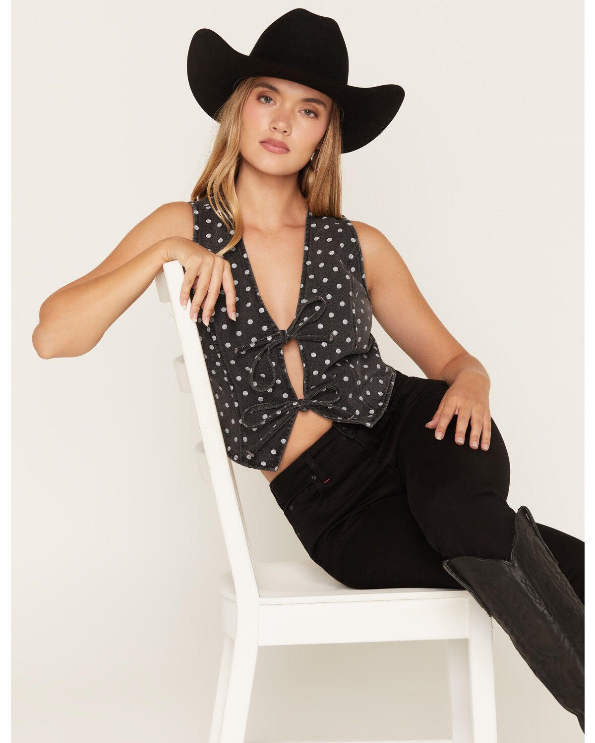 Image #1 - Ashley Women's Boot Barn Exclusive Polka Dot Print Tie-Front Denim Vest, Black, hi-res