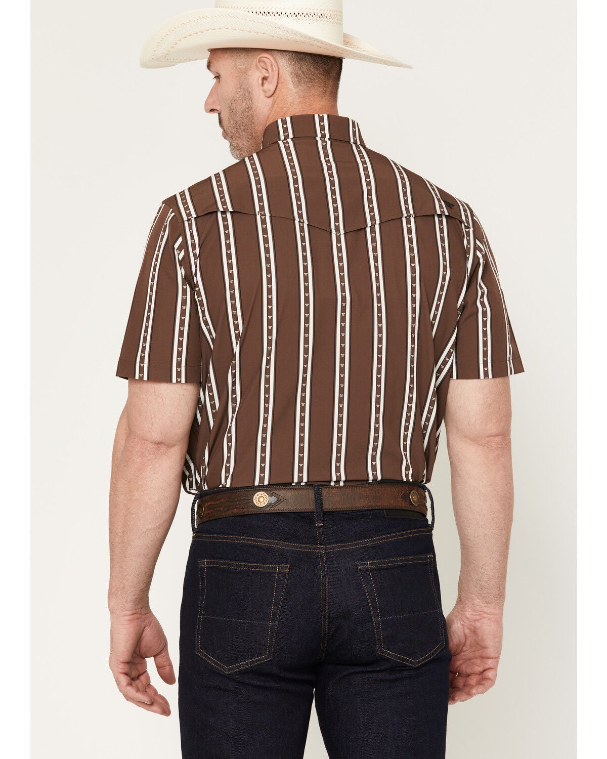 Image #4 - Ferrell Men's Tucker Tek Striped Short Sleeve Pearl Snap Stretch Western Shirt, Brown, hi-res