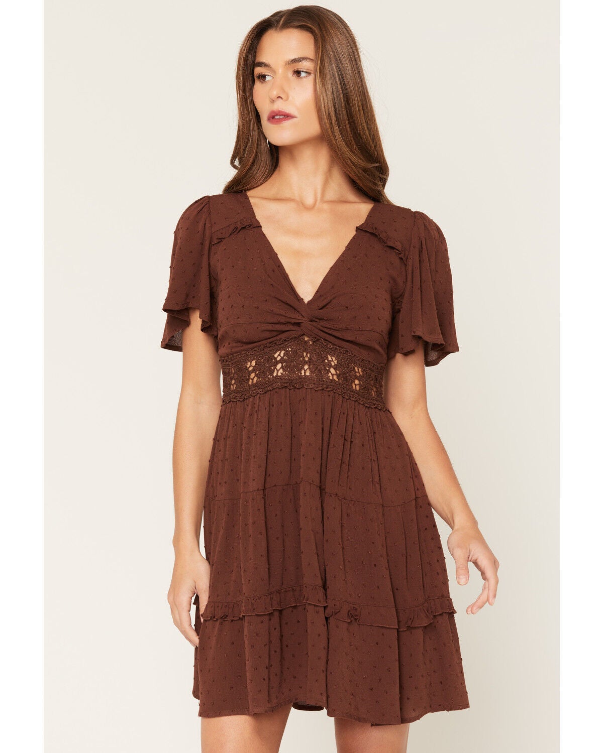 Wild Moss Women's Crochet Inset Mini Dress, Brown, hi-res
