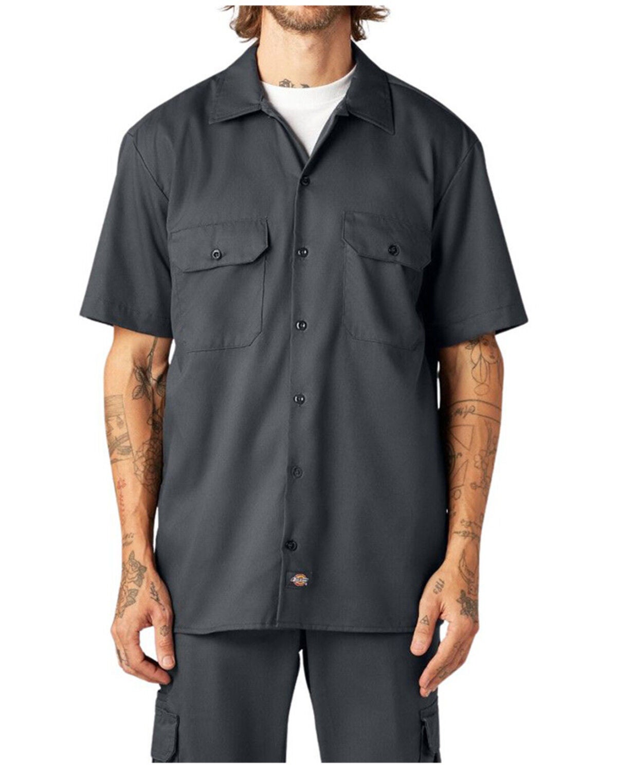 Dickies Men's Flex Twill Relaxed Short Sleeve Button-Down Work Shirt, Charcoal, hi-res