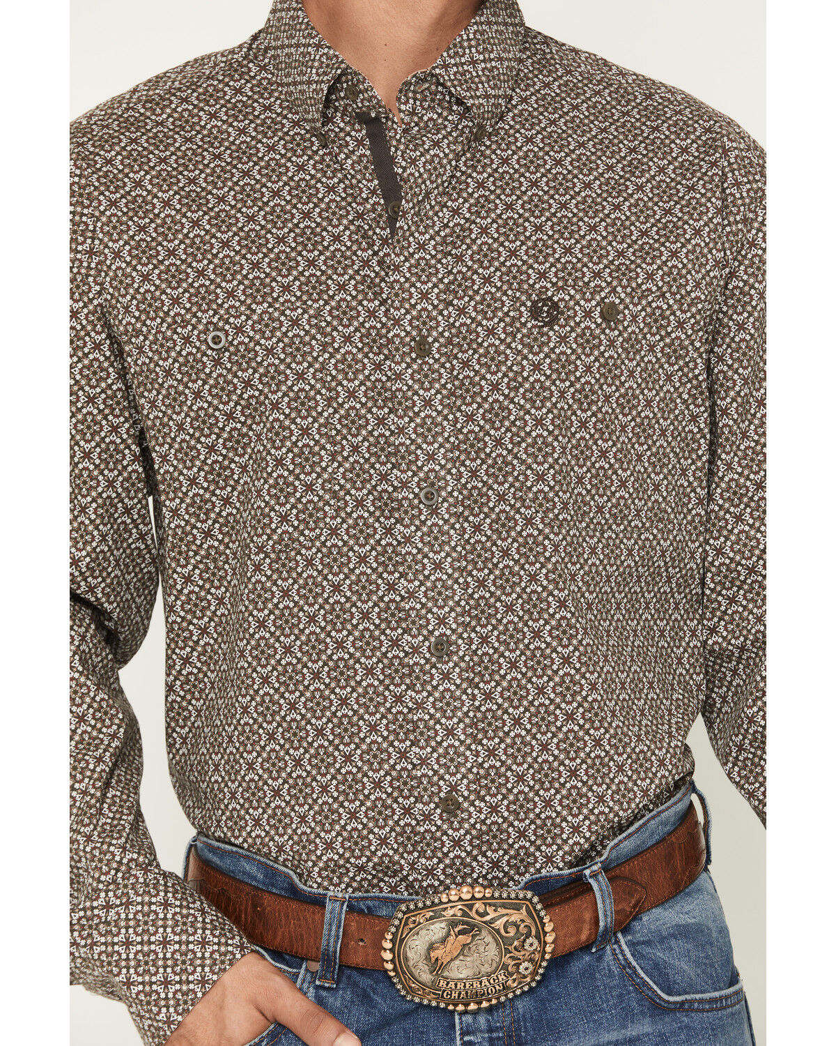 Image #3 - George Strait by Wrangler Men's Geo Print Long Sleeve Button-Down Stretch Western Shirt, Brown, hi-res