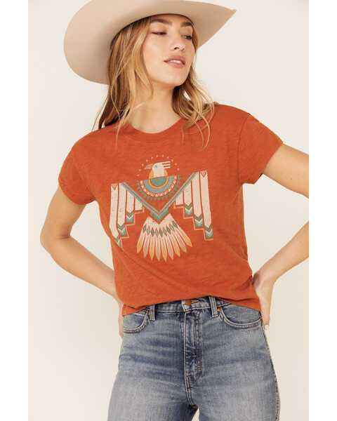 White Crow Women's Flocked Thunderbird Graphic Rolled Cuff Short Sleeve Tee , Rust Copper, hi-res