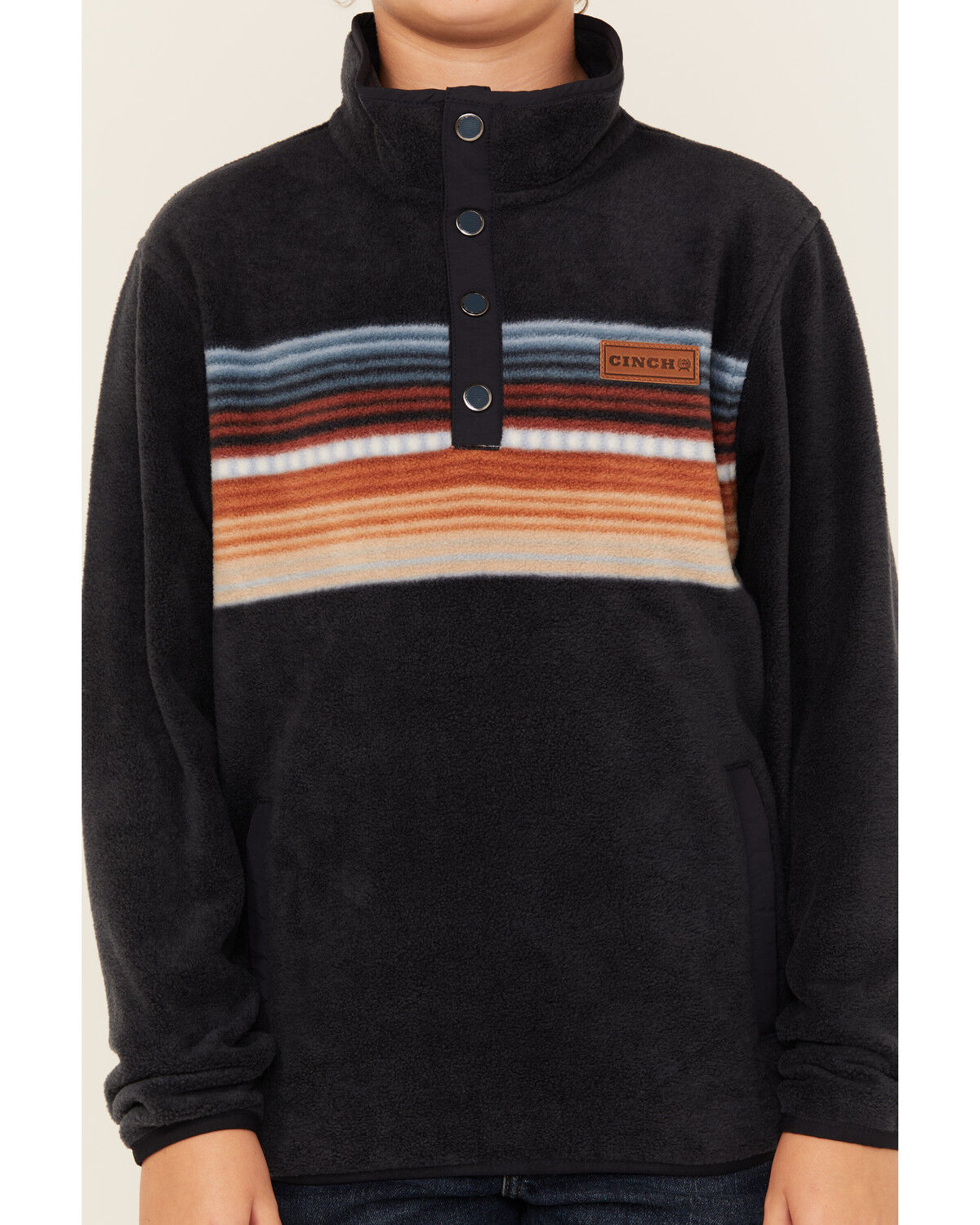 Image #3 - Cinch Boy's Striped Polar Fleece Pullover, Navy, hi-res