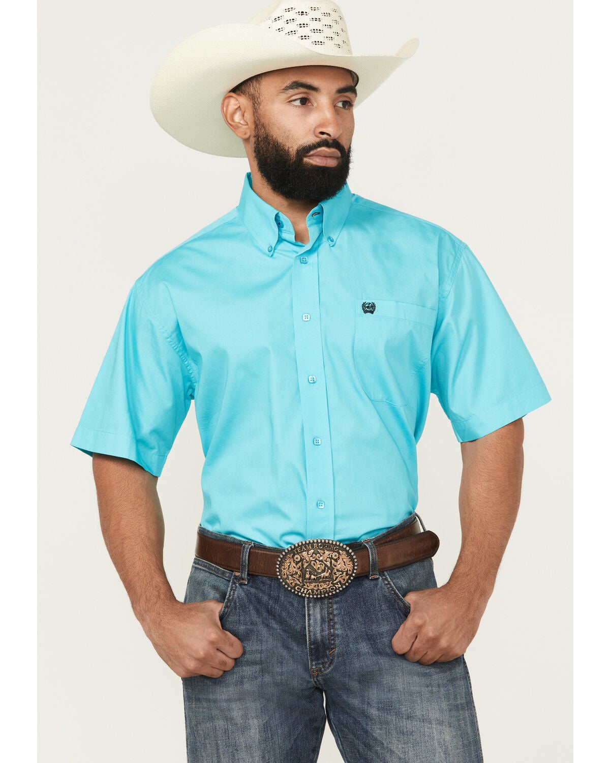 Cinch Men's Solid Short Sleeve Button-Down Western Shirt, Turquoise, hi-res