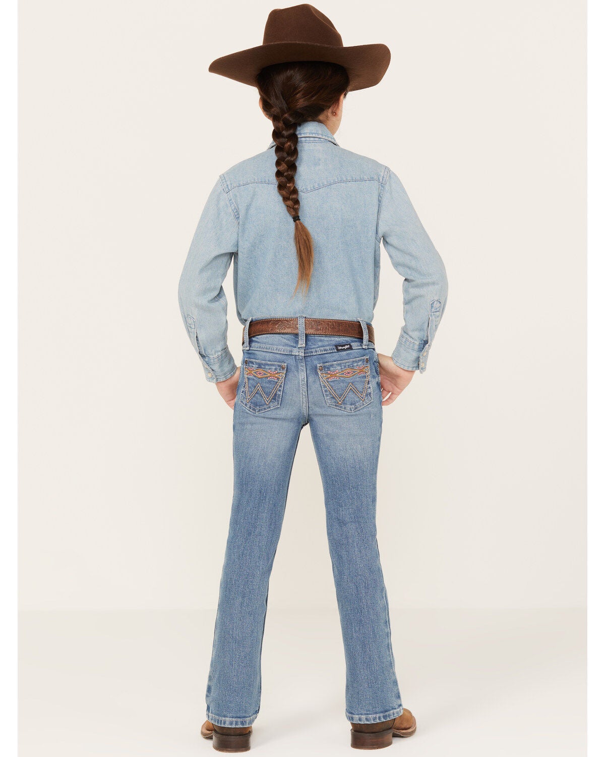 Image #3 - Wrangler Girls' Light Wash Embroidered Pocket Bootcut Jeans, , hi-res