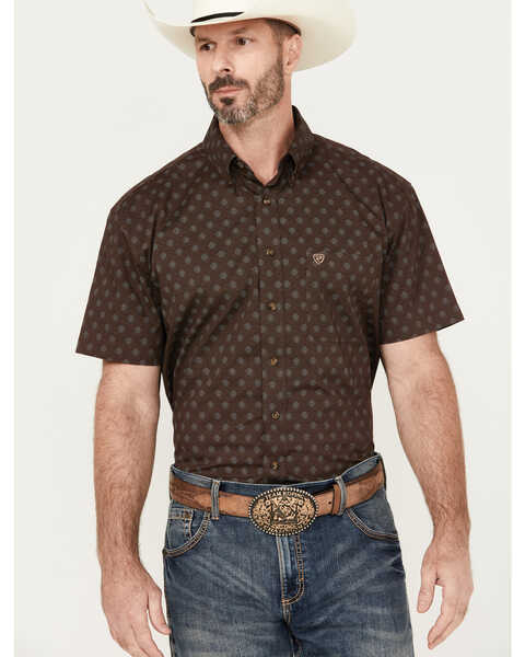 Rock & Roll Denim Men's Vintage 46 Geo Print Short Sleeve Button-Down Western Shirt, Brown, hi-res