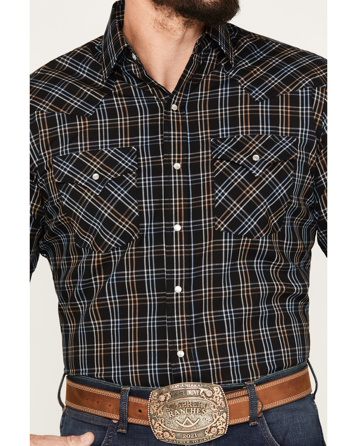 Image #3 - Ely Walker Men's Plaid Print Long Sleeve Pearl Snap Western Shirt, Black, hi-res