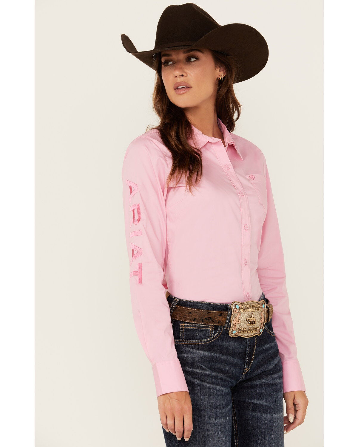 Ariat Women's R.E.A.L Team Kirby Long Sleeve Button-Down Stretch Western Shirt, Pink, hi-res