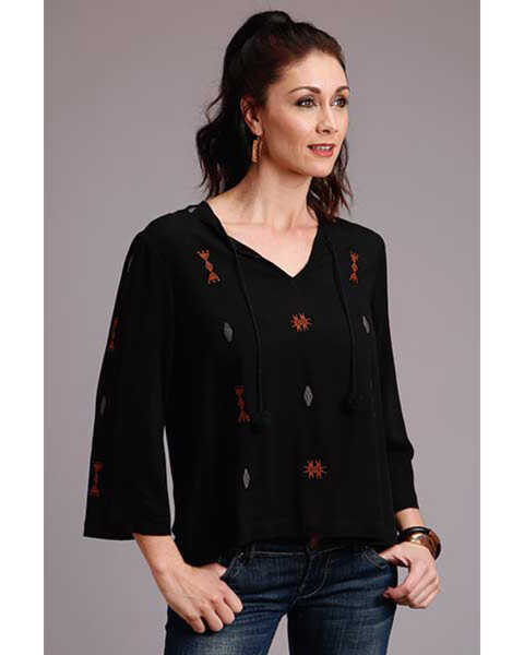 Stetson Women's Crepe Embroidered Long Sleeve Top, Black, hi-res