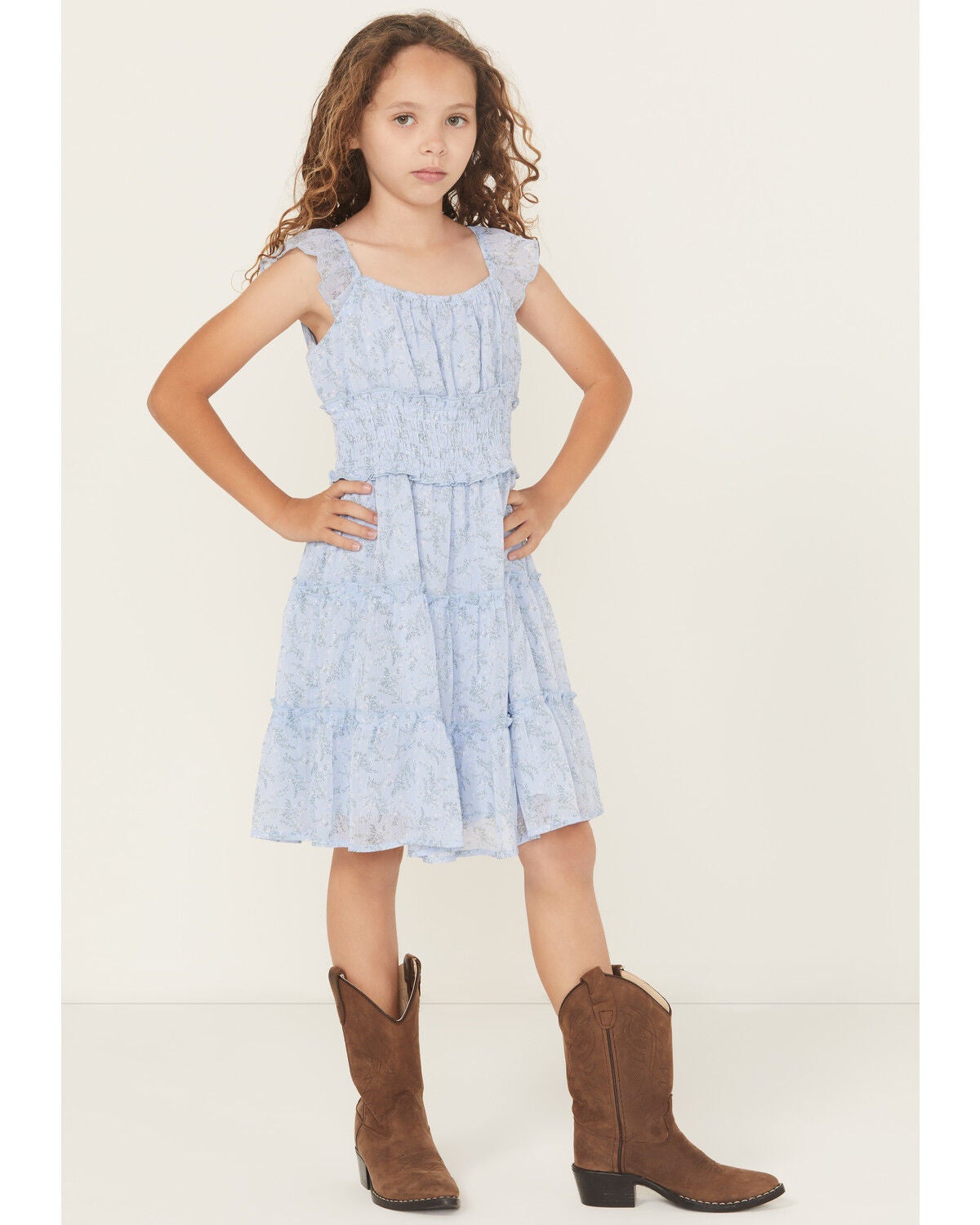 Ash & Violet Girls' Floral Print Ruffle Sleeve Dress, Blue, hi-res