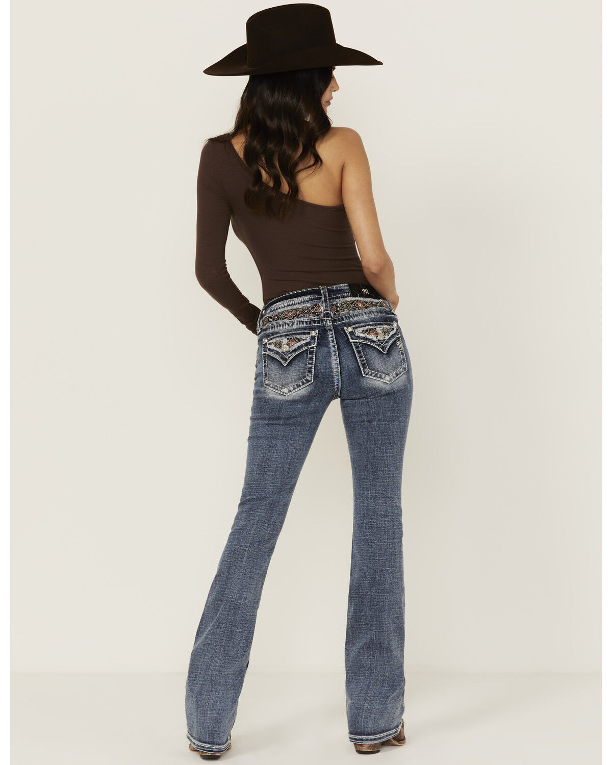 Image #1 - Miss Me Women's Medium Wash Mid Rise Floral Yoke 34" Bootcut Stretch Denim Jeans, Medium Wash, hi-res