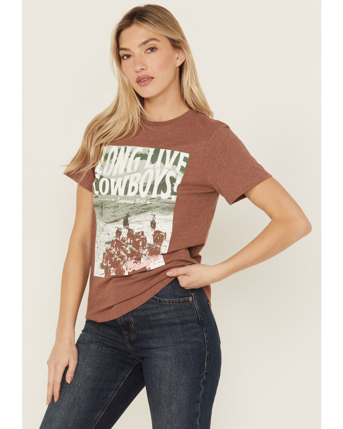 Image #1 - Wrangler Women's Long Live Short Sleeve Graphic Tee, Brown, hi-res