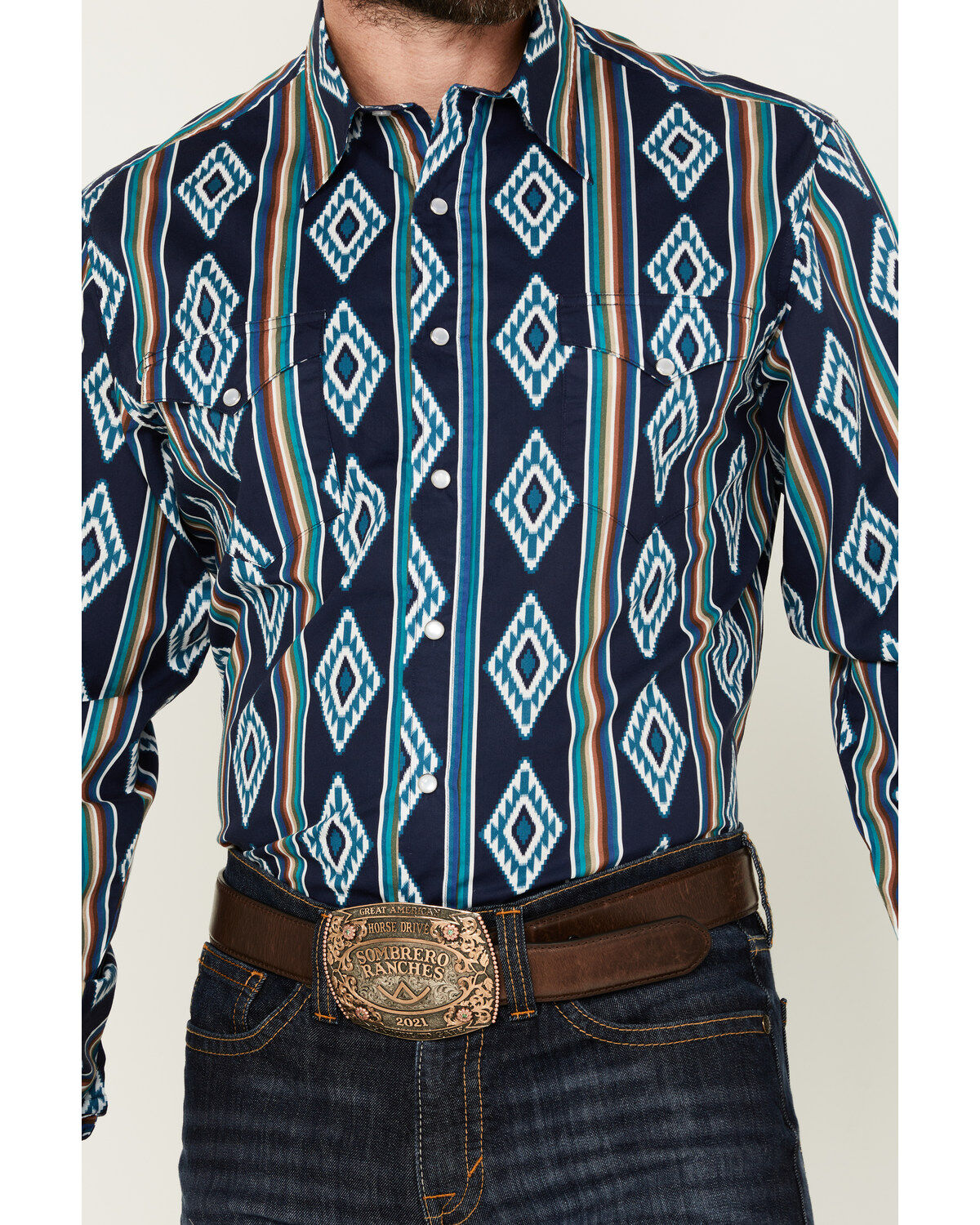 Image #3 - Roper Men's Vintage Southwestern Striped Print Long Sleeve Pearl Snap Western Shirt, Dark Blue, hi-res