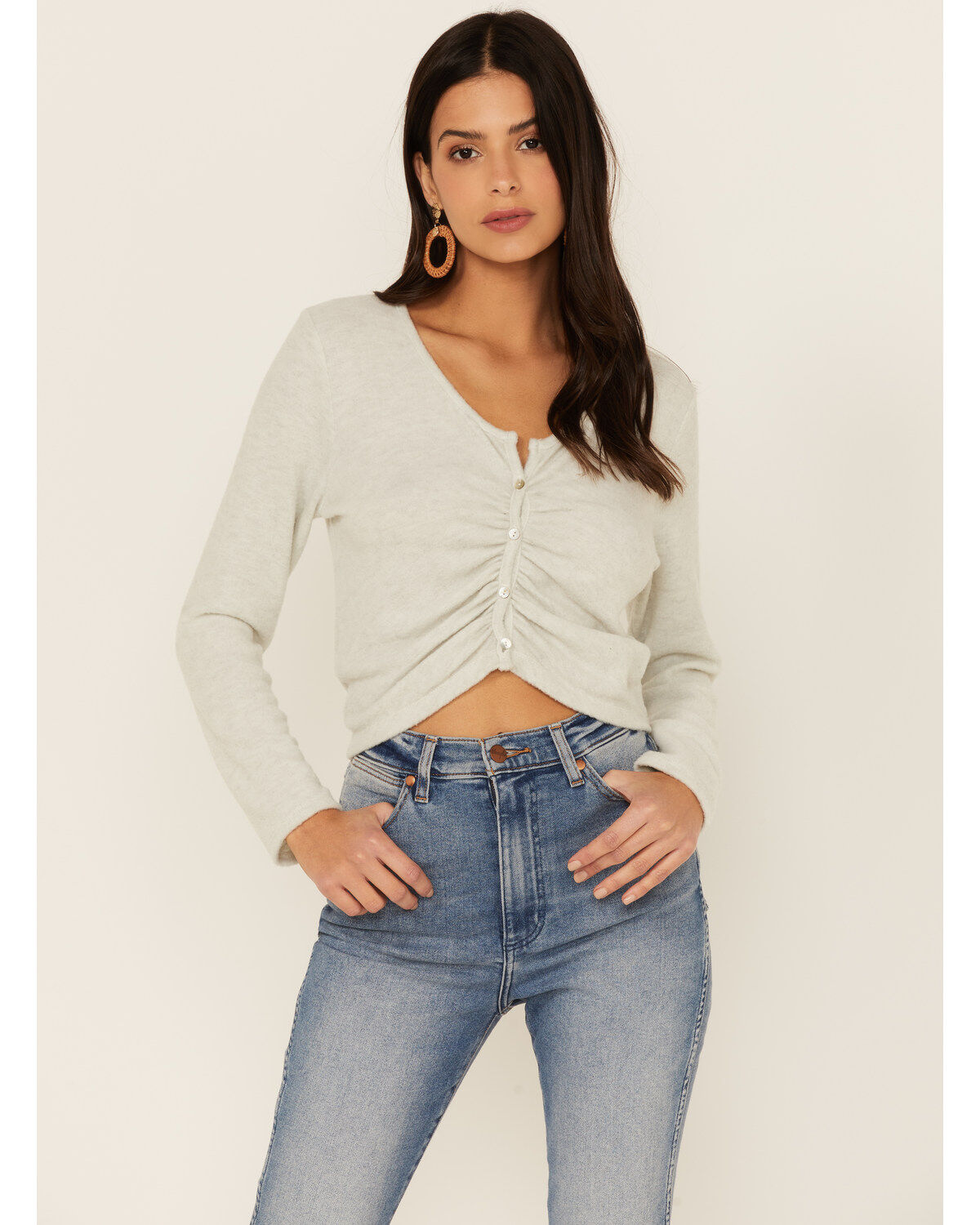 Image #1 - Wild Moss Women's Long Sleeve Super Soft Button Cinch Front Knit Top, Grey, hi-res