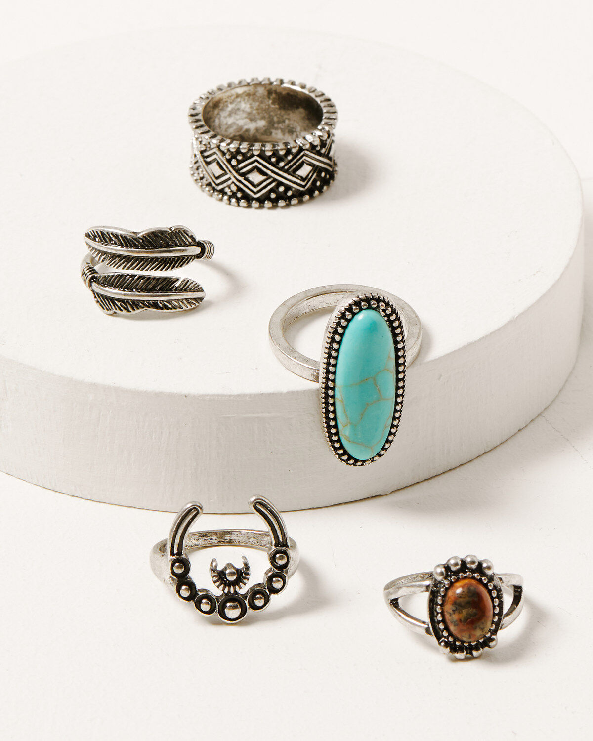 Image #1 - Shyanne Women's Silver & Turquoise Squash Blossom 5-piece Ring Set, Silver, hi-res