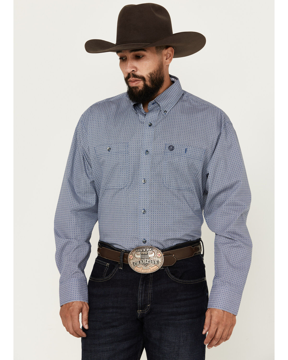 Image #1 - George Strait by Wrangler Men's Geo Print Long Sleeve Button-Down Western Shirt, Blue, hi-res