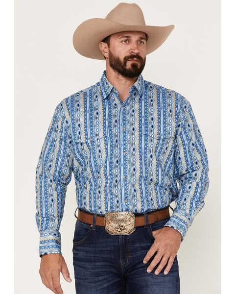 Wrangler Men's Checotah Southwestern Striped Long Sleeve Snap Western Shirt , Blue, hi-res