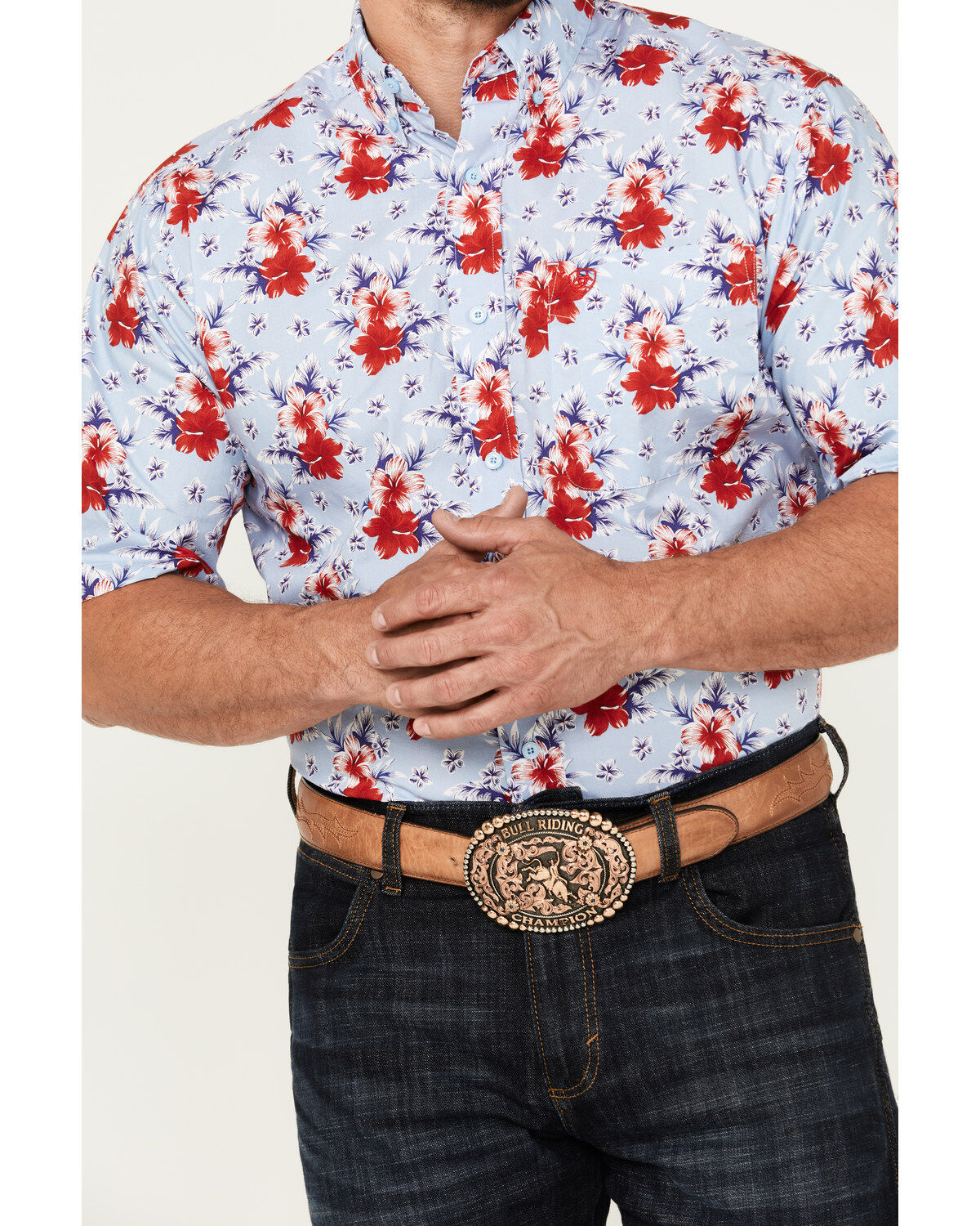 Image #3 - Ariat Men's Jeremiah Floral Print Button-Down Short Sleeve Western Shirt, Light Blue, hi-res