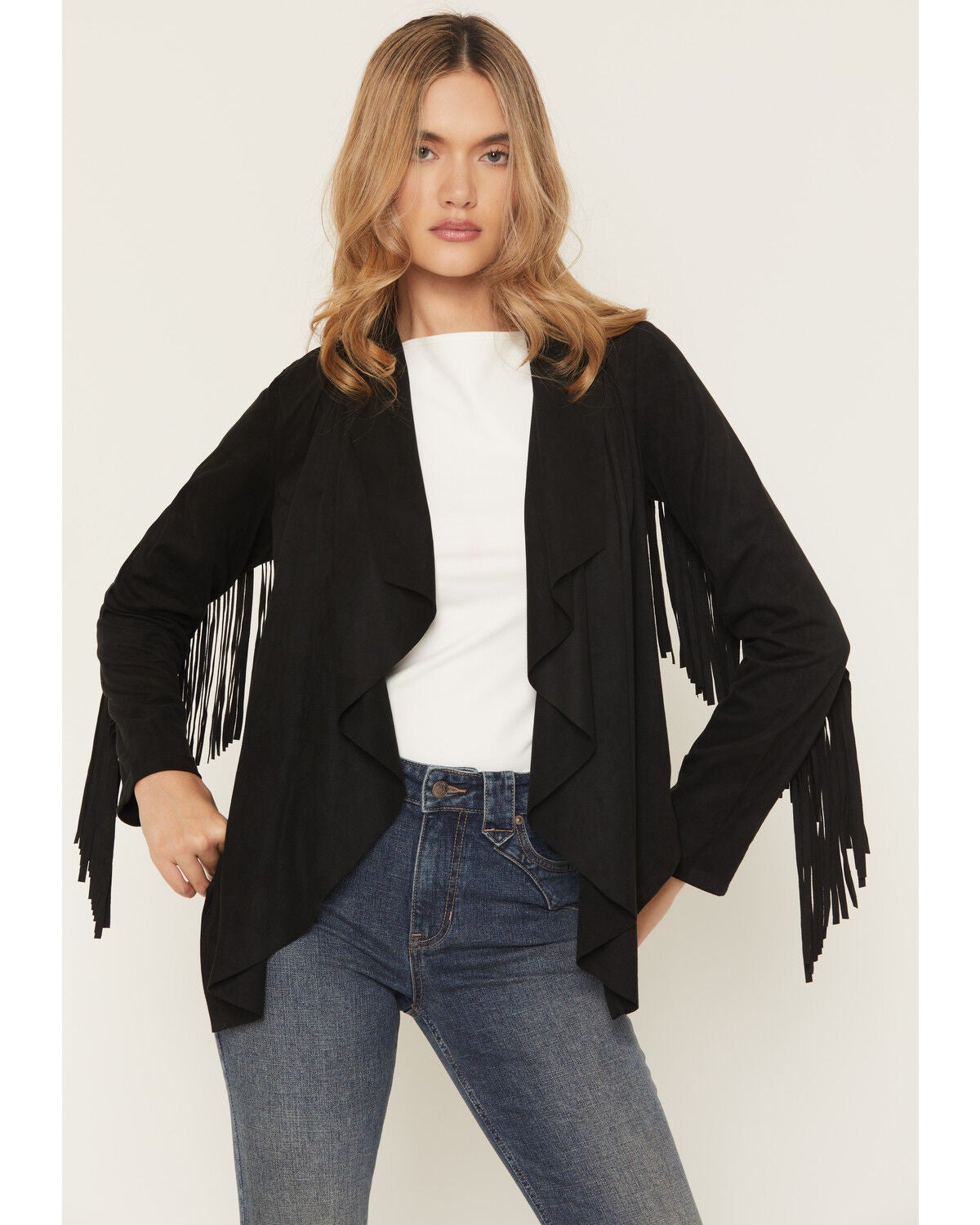 Shyanne Women's Cascade Front Fringe Faux Suede Fringe Jacket, Black, hi-res