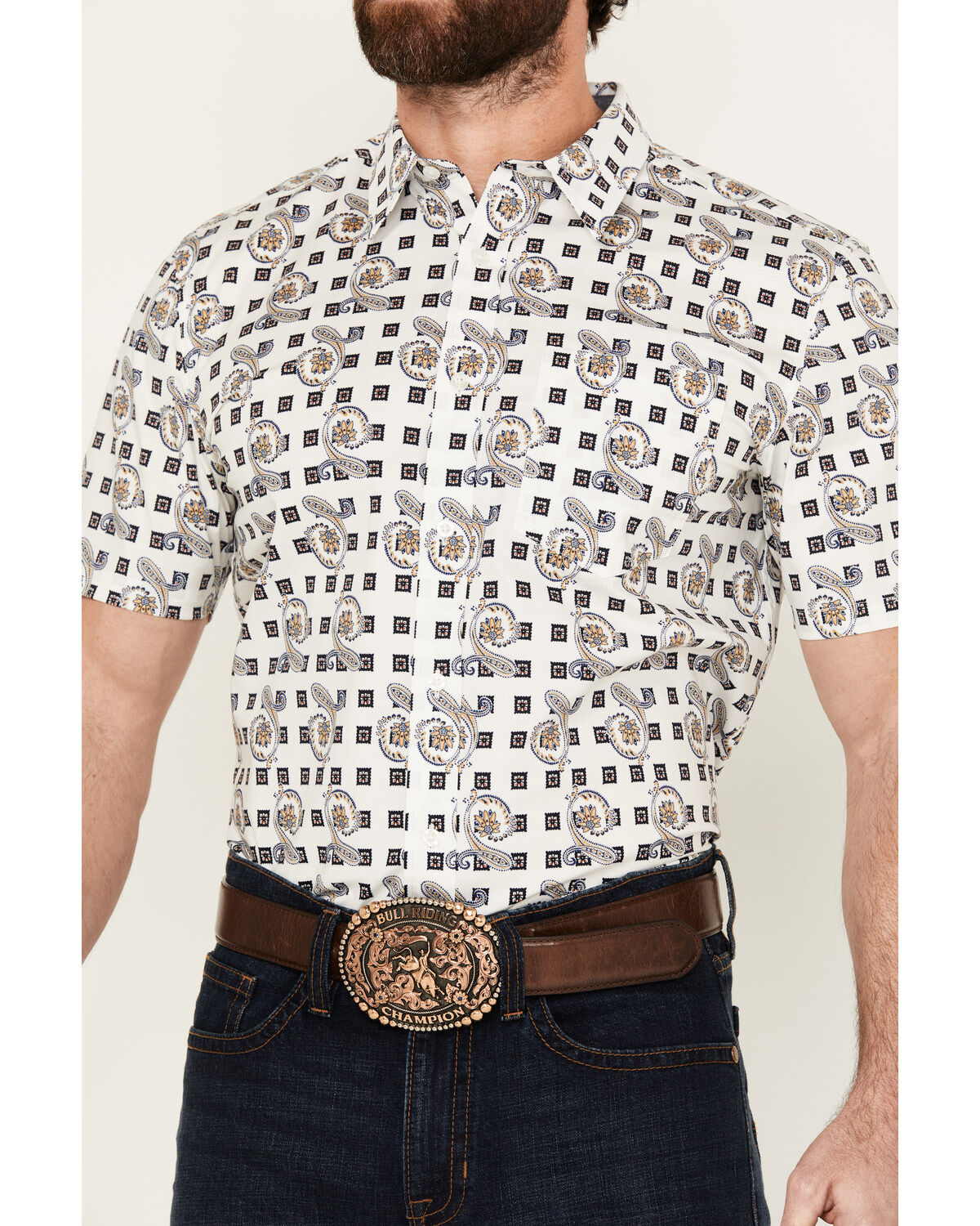 Image #3 - Cody James Men's Geo Paisley Print Short Sleeve Button-Down Stretch Western Shirt - Big, White, hi-res