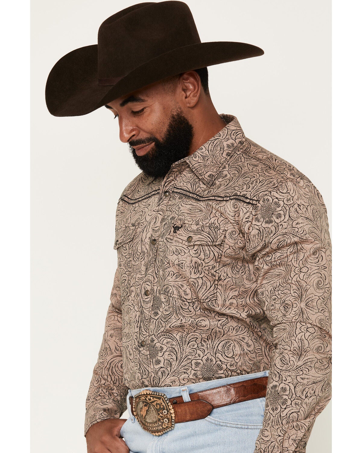 Image #2 - Cowboy Hardware Men's Tooled Floral Print Long Sleeve Snap Stretch Western Shirt, Tan, hi-res