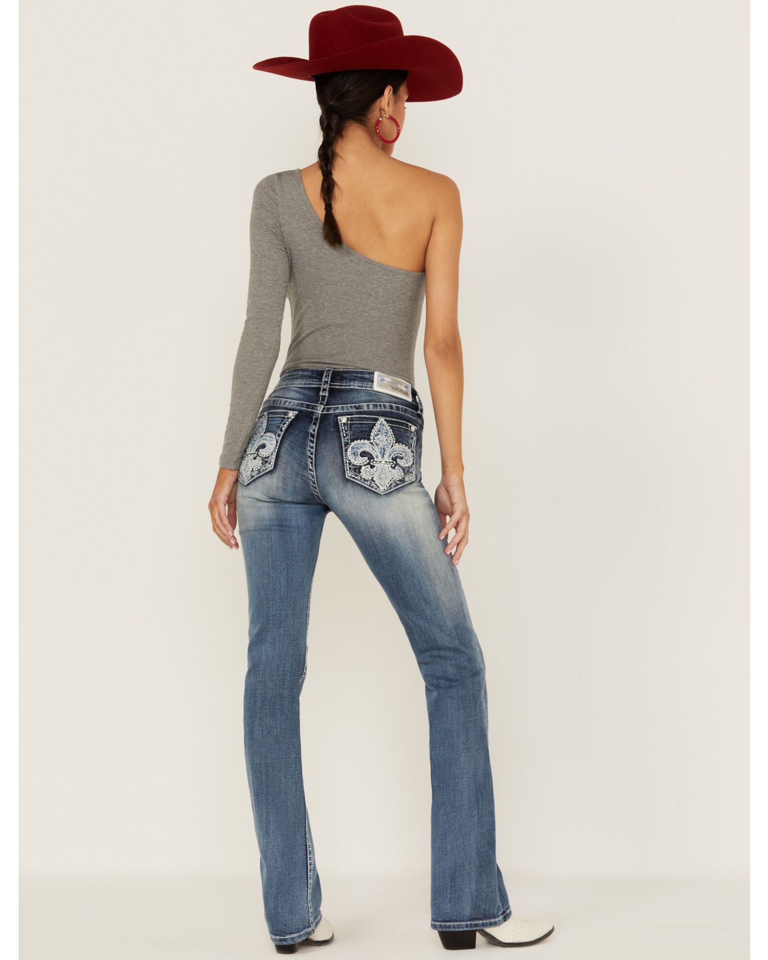 Grace in LA Women's Fleur De Lis Pocket Bootcut Jeans