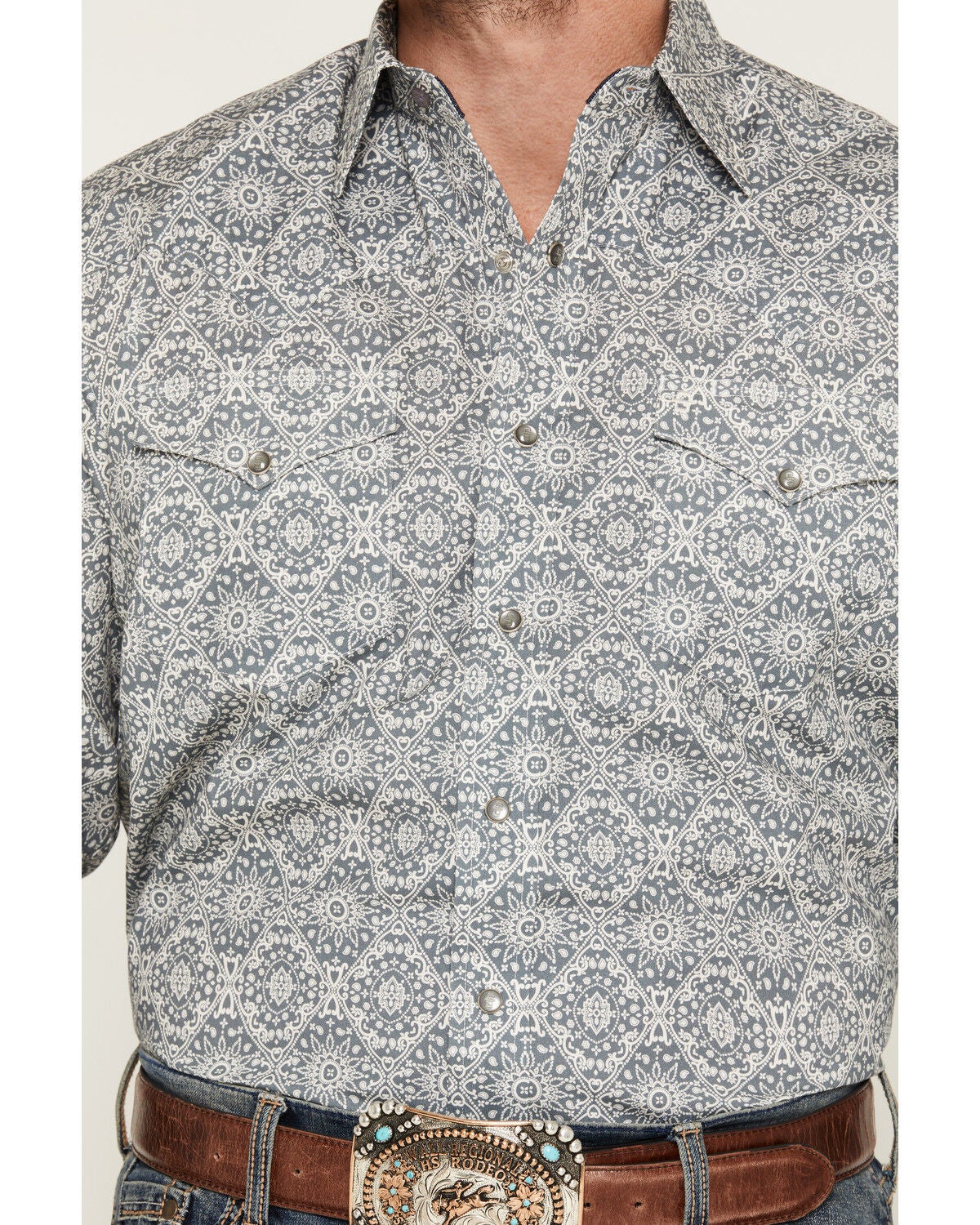 Image #3 - Stetson Men's Medallion Print Long Sleeve Snap Western Shirt, Grey, hi-res