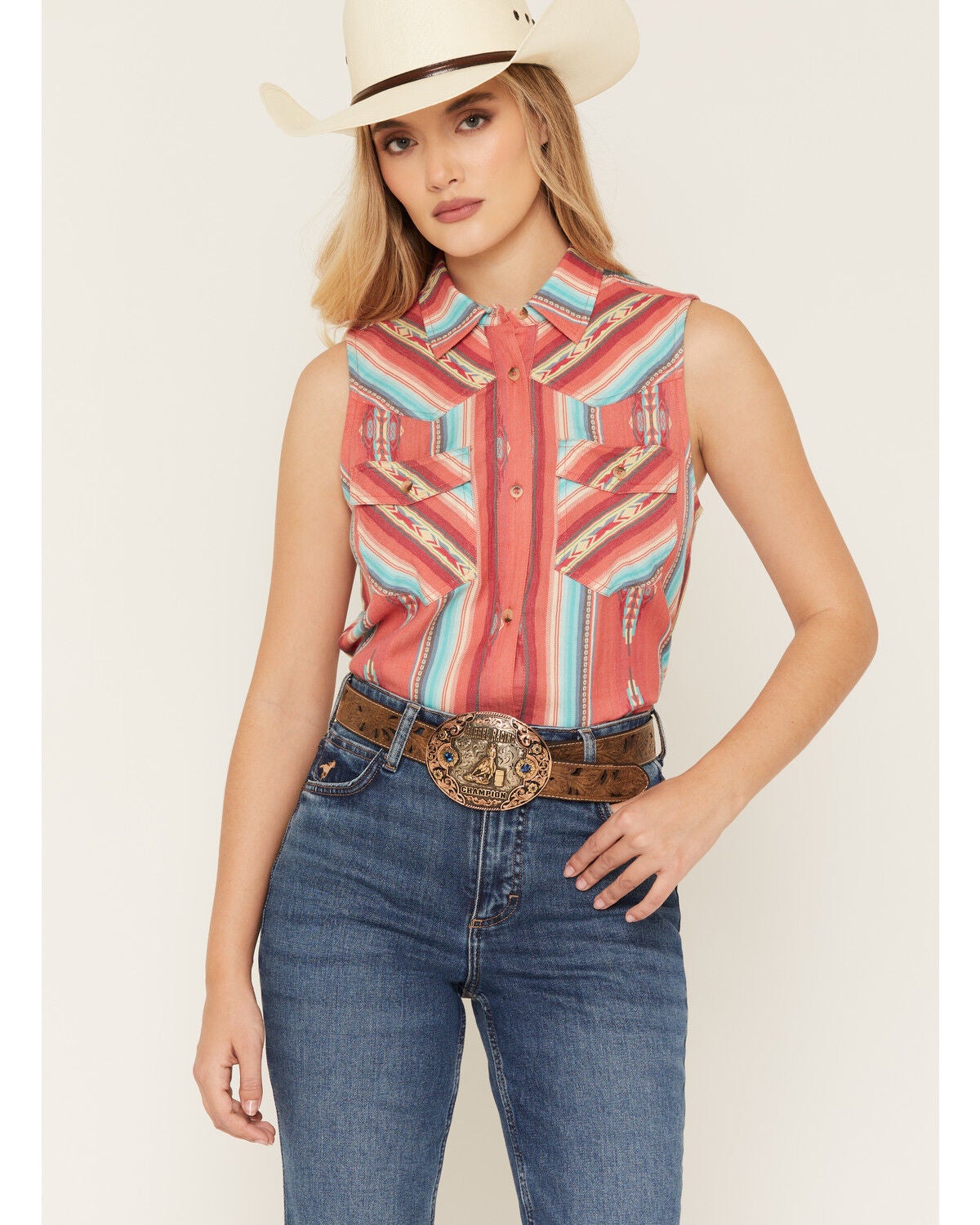 Shyanne Women's Southwestern Stripe Print Sleeveless Button-Down Western Shirt, Red, hi-res