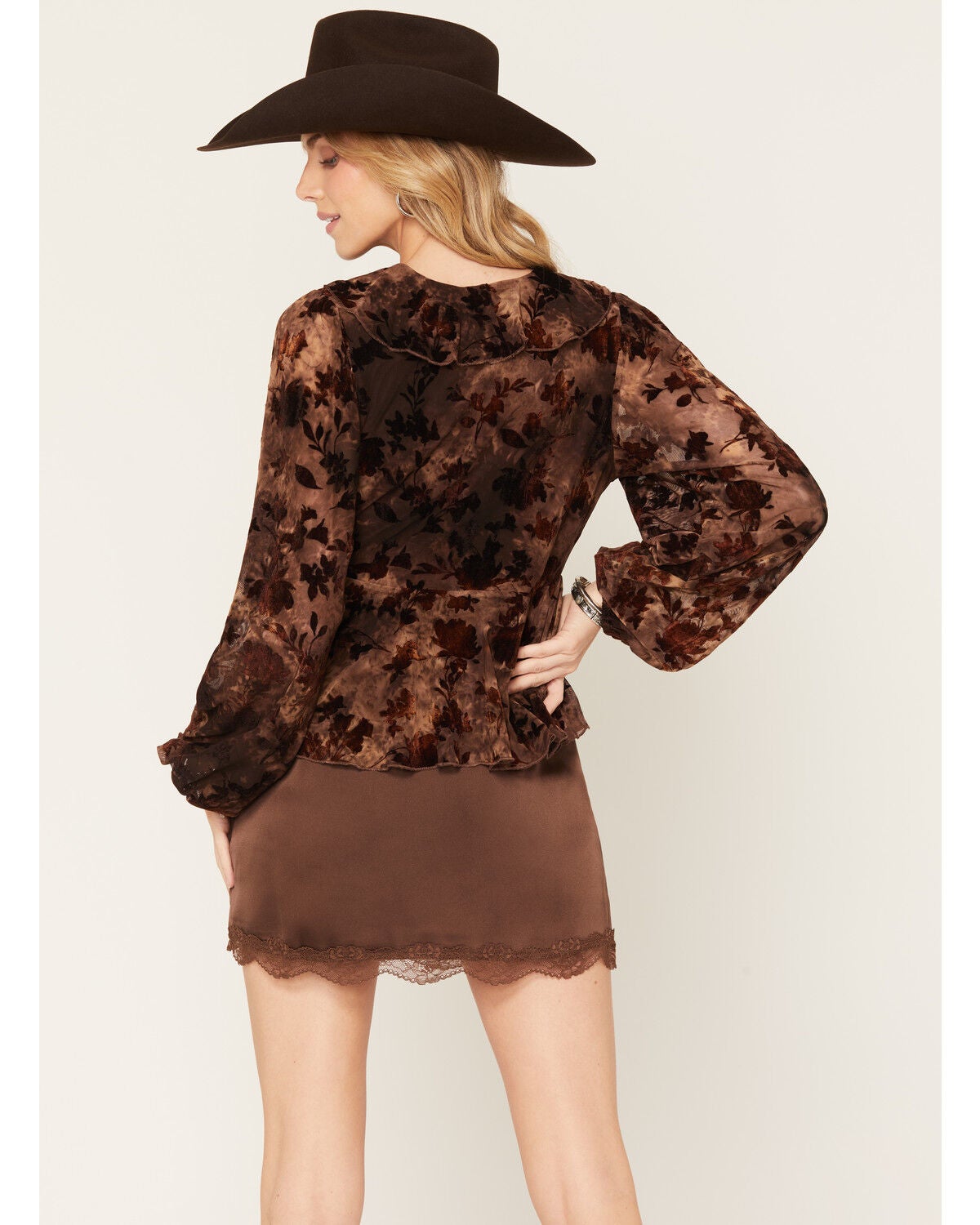 Image #4 - Cleo + Wolf Women's Ruffle Long Sleeve Peplum Top, Brown, hi-res