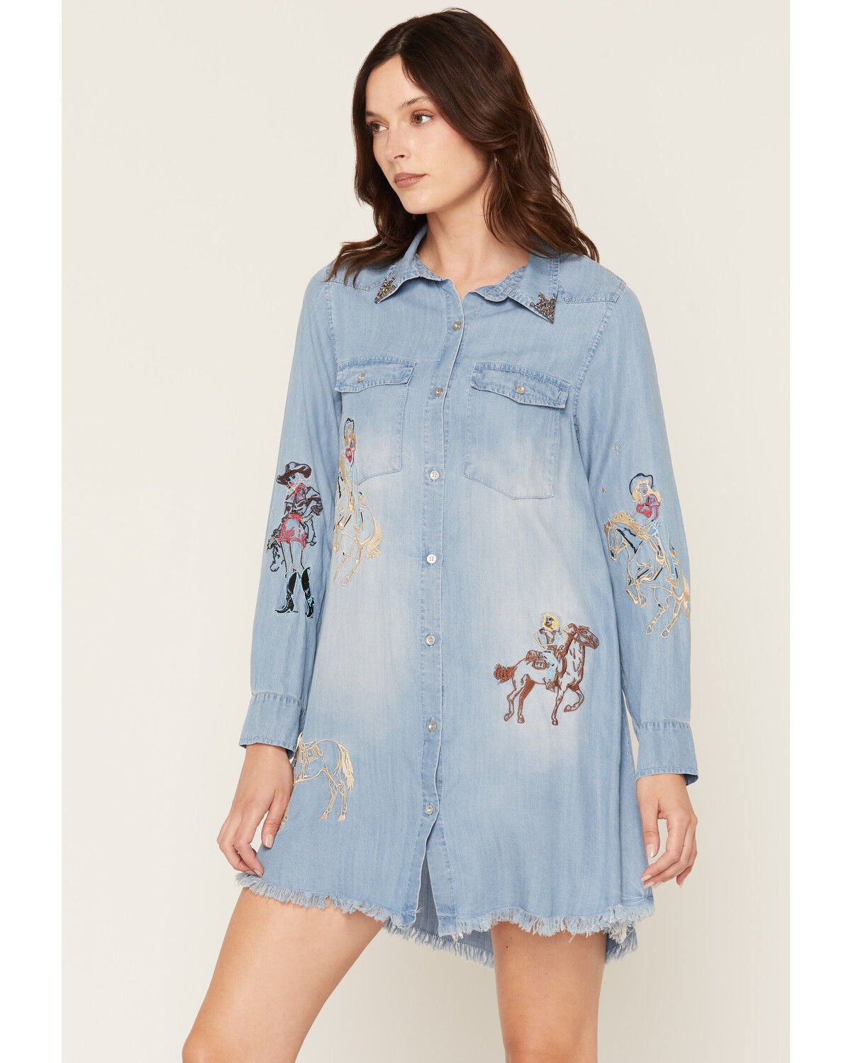 Image #1 - Blue B Women's Medium Wash Western Print Denim Shirt Mini Dress, Medium Wash, hi-res