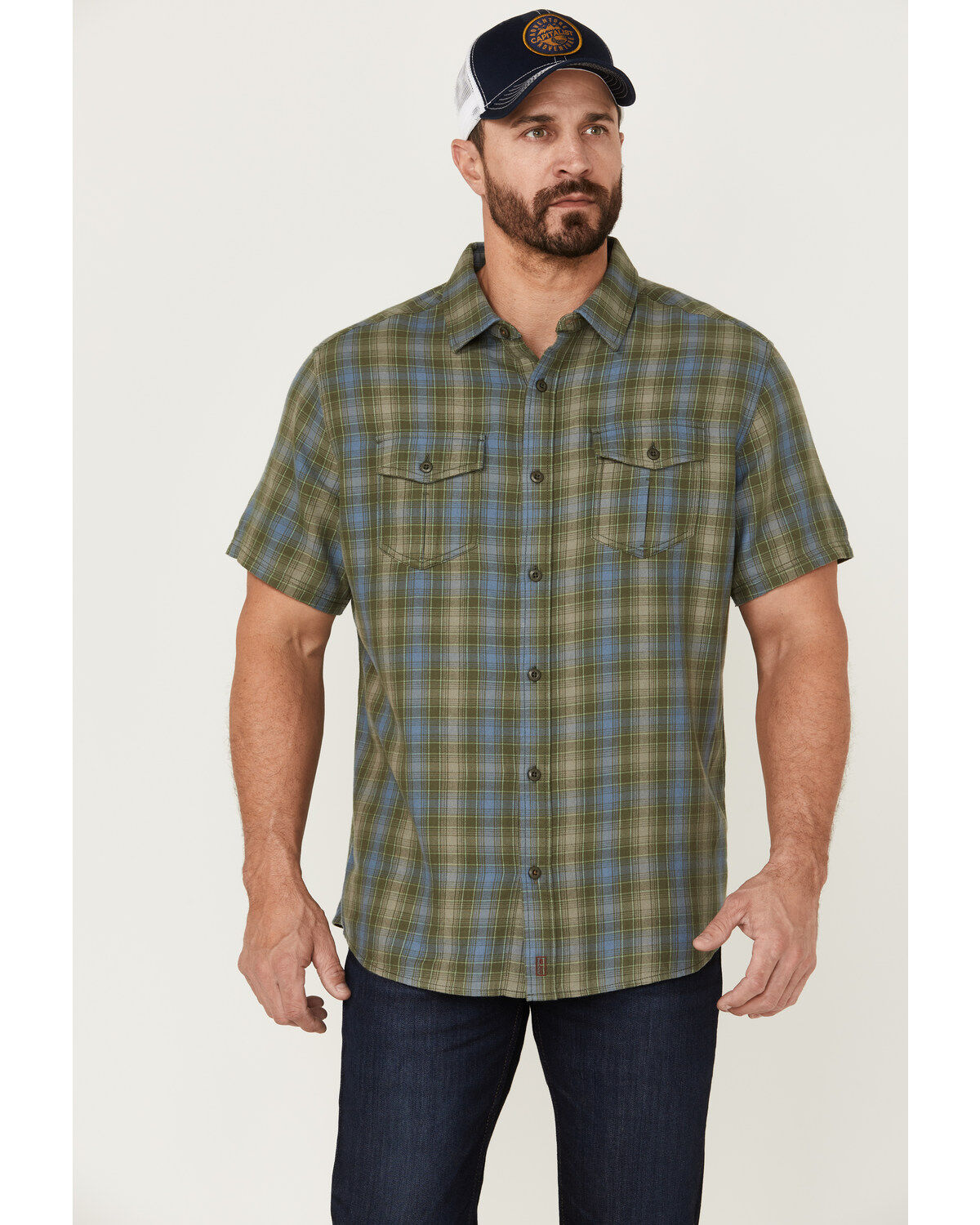Image #1 - Brothers and Sons Men's Plaid Casual Woven Short Sleeve Button-Down Western Shirt, Olive, hi-res