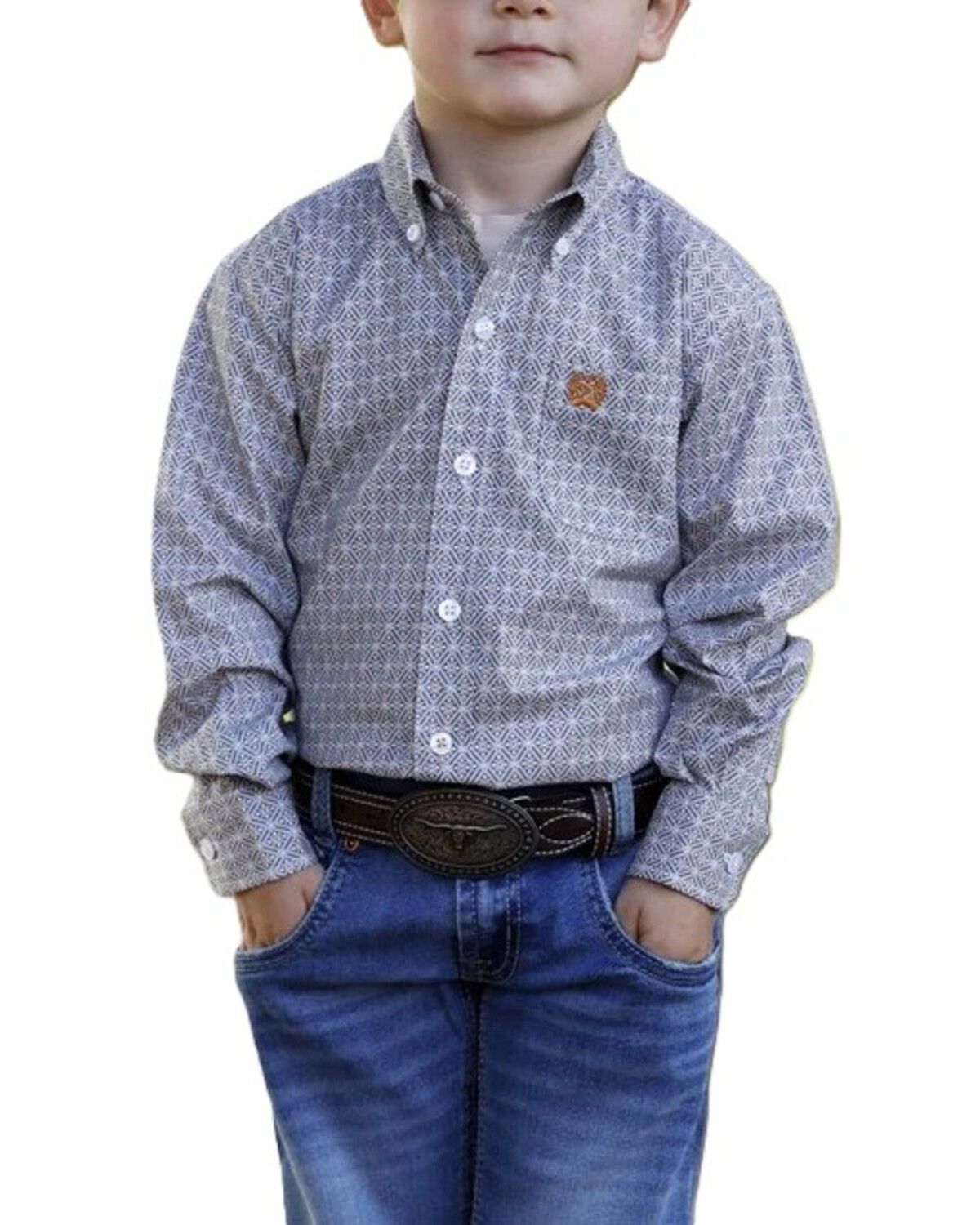 Cinch Infant Boys' Geo Print Long Sleeve Button-Down Stretch Western Shirt, White, hi-res