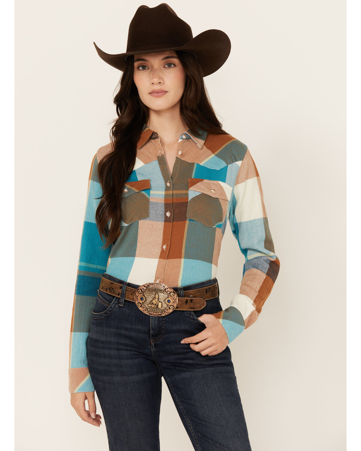 Image #1 - Shyanne Women's Plaid Print Long Sleeve Button-Down Western Shirt, Caramel, hi-res