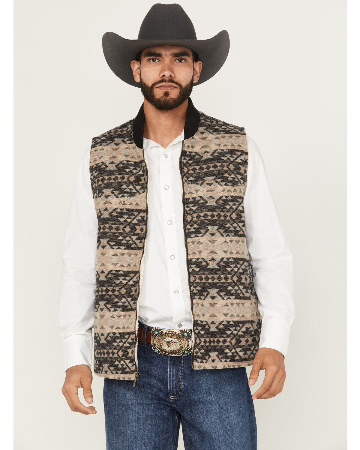 Image #1 - Wrangler Men's Southwestern Print Sherpa Lined Zip Vest, Tan, hi-res