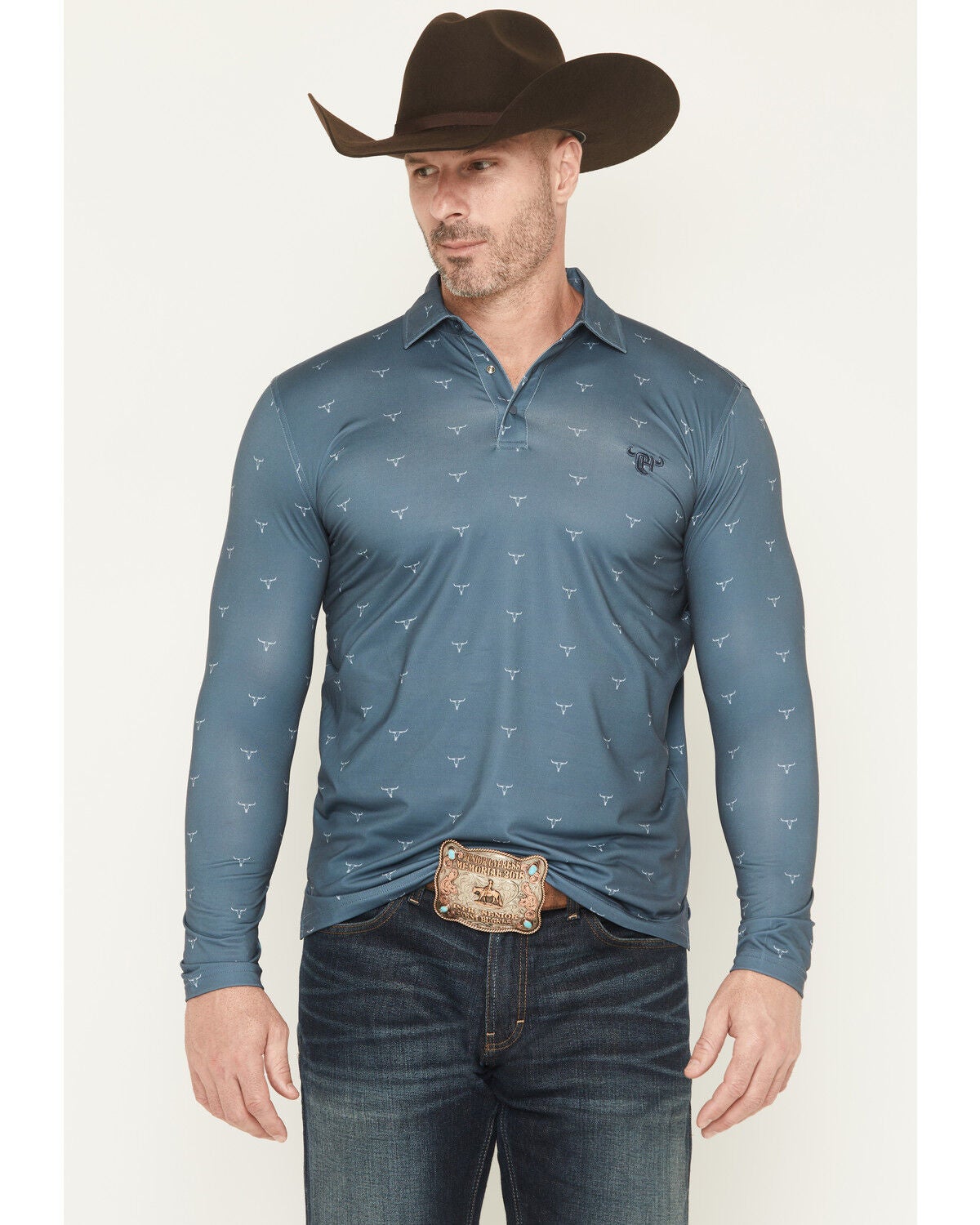 Cowboy Hardware Men's Steerhead Print Long Sleeve Snap Polo, Slate, hi-res