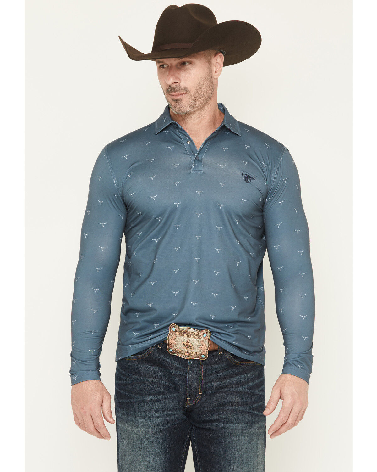 Image #1 - Cowboy Hardware Men's Steerhead Print Long Sleeve Snap Polo, Slate, hi-res