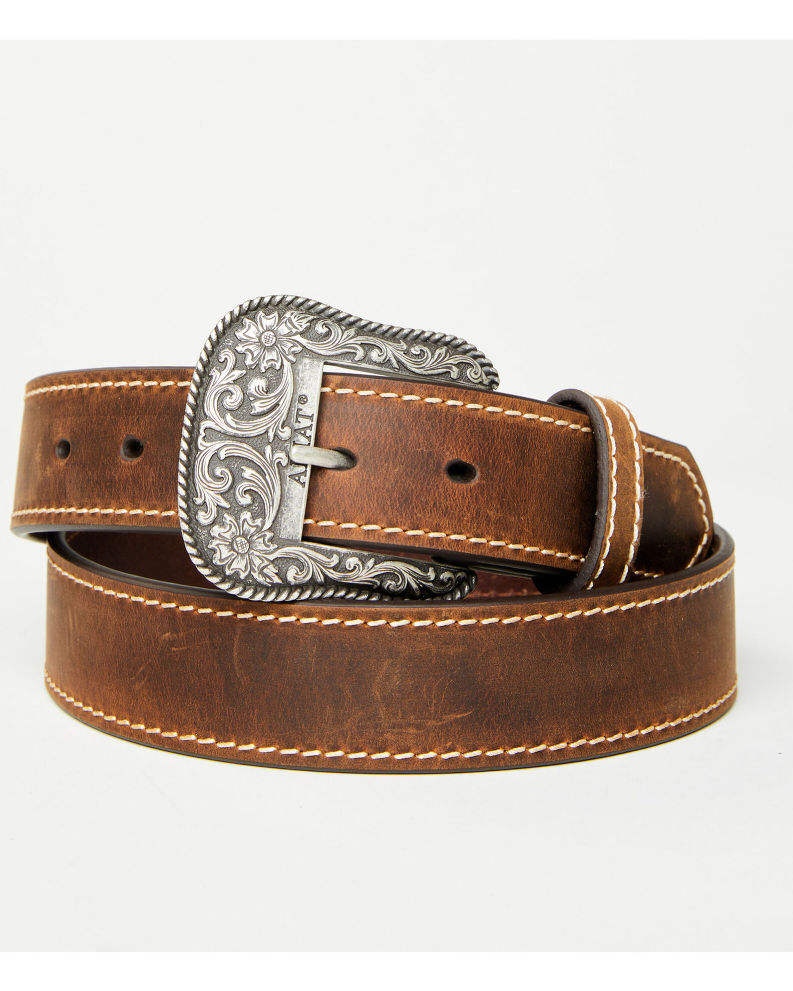 Image #1 - Ariat Women's Leather Belt with Engraved Buckle, Brown, hi-res