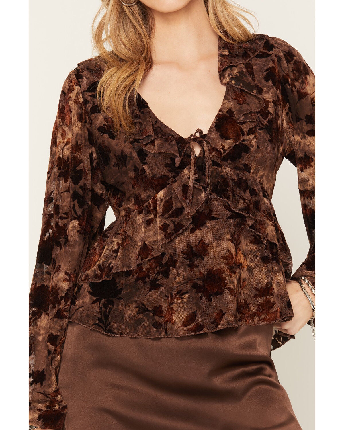 Image #3 - Cleo + Wolf Women's Ruffle Long Sleeve Peplum Top, Brown, hi-res