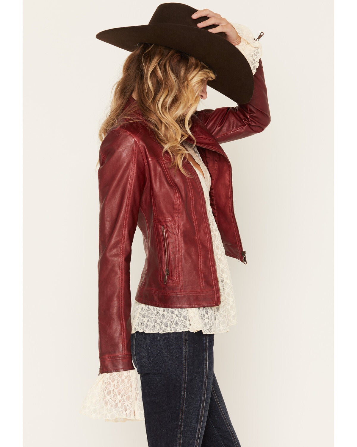 Image #2 - Stoosh Women's Faux Leather Zip Front Jacket, Red, hi-res