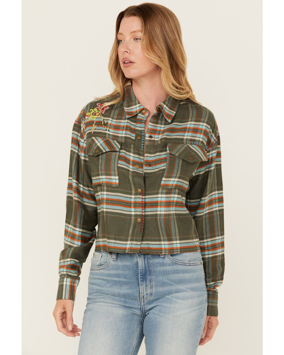 Image #2 - Cleo + Wolf Women's Corrie Plaid Print Embroidered Long Sleeve Snap Cropped Shirt, Dark Green, hi-res