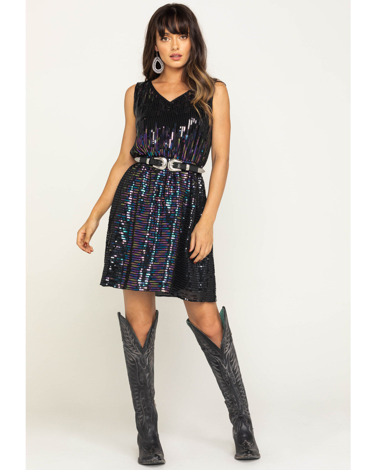 black sequin fit and flare dress
