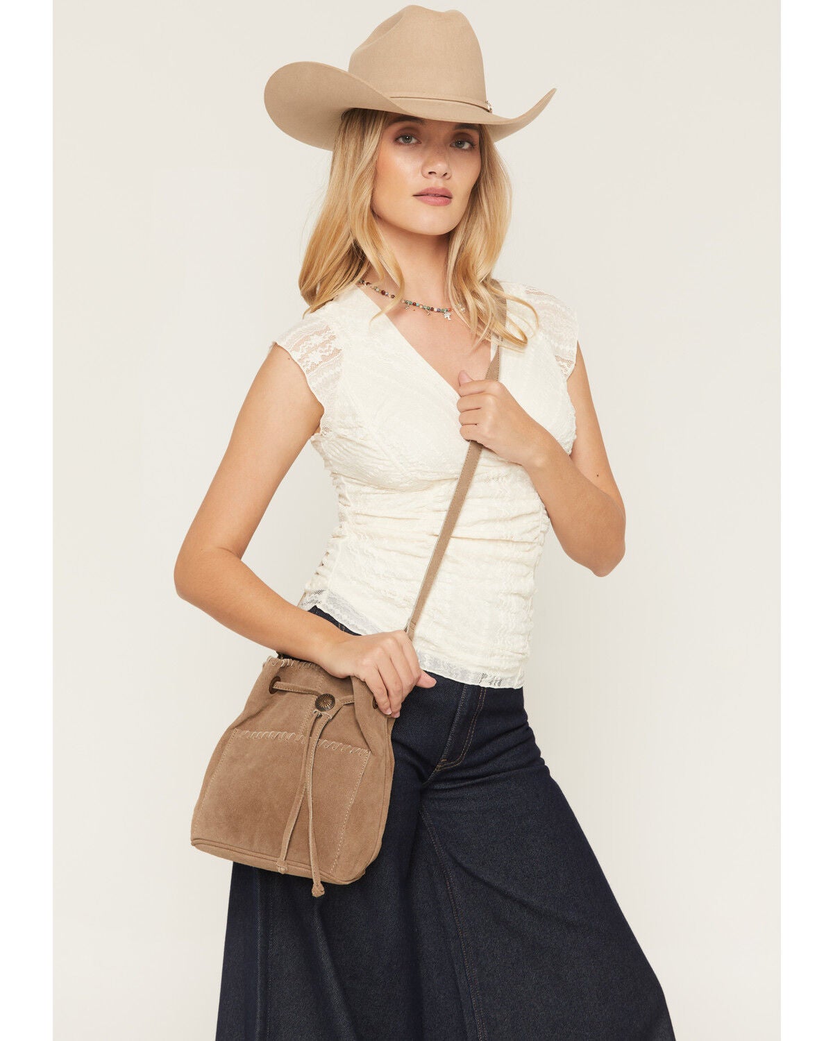 Avondayle Women's Suede Drawstring Bucket Bag, Tan, hi-res