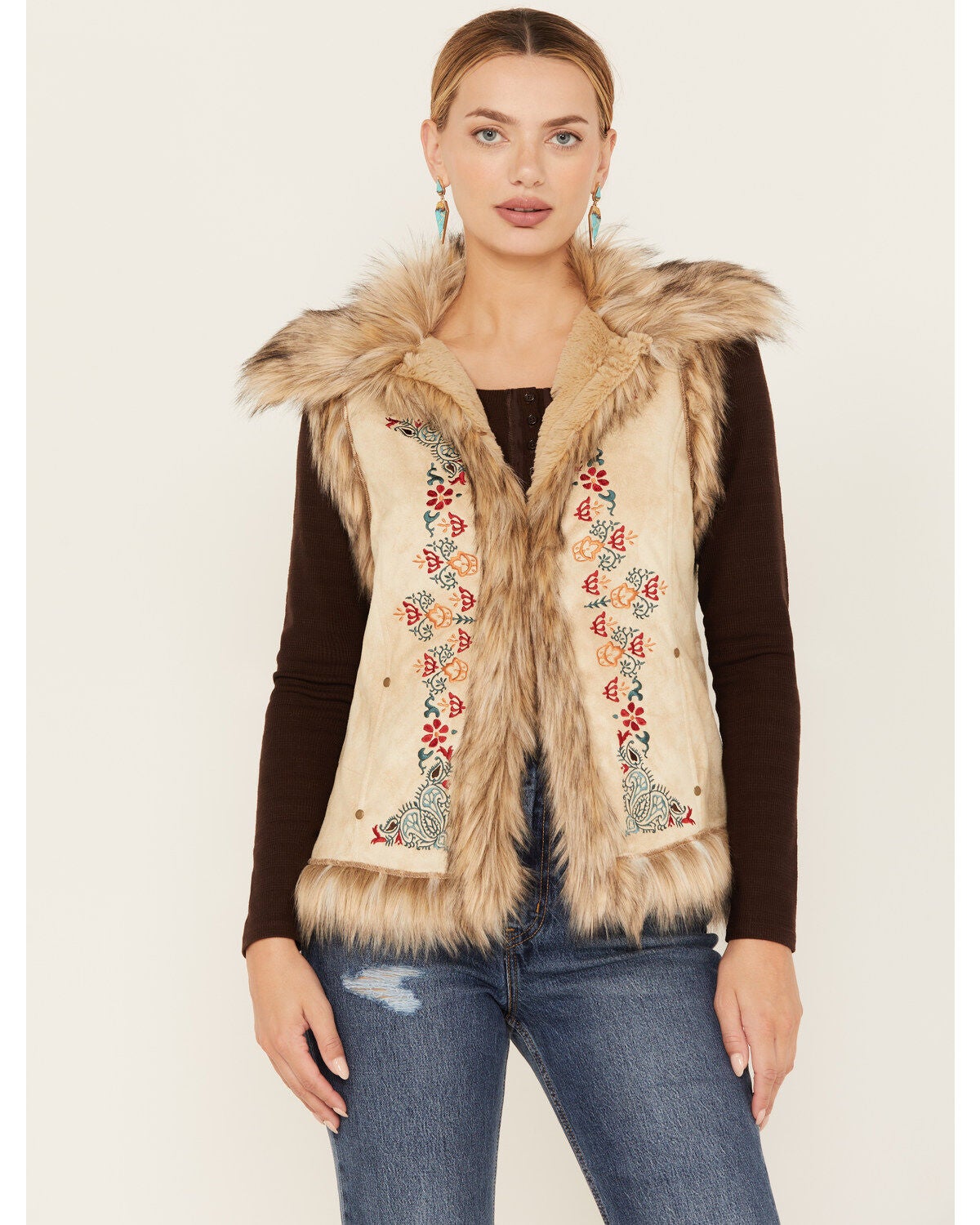 Tasha Polizzi Women's Chateau Faux Suede Embroidered Vest, Tan, hi-res