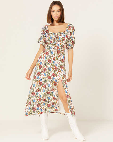 Panhandle Women's Floral Print Puff Sleeve Dress, Red/white/blue, hi-res