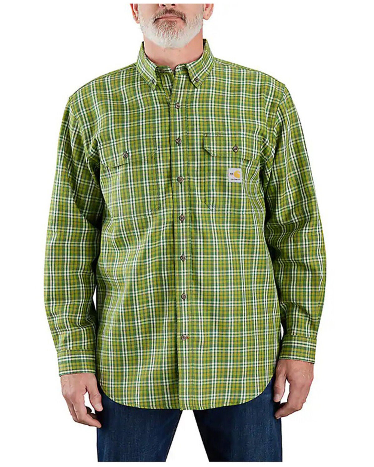 Carhartt Men's FR Force Rugged Flex&reg; Loose Fit Midweight Twill Plaid Print Long Sleeve Button-Down Work Shirt, Dark Green, hi-res