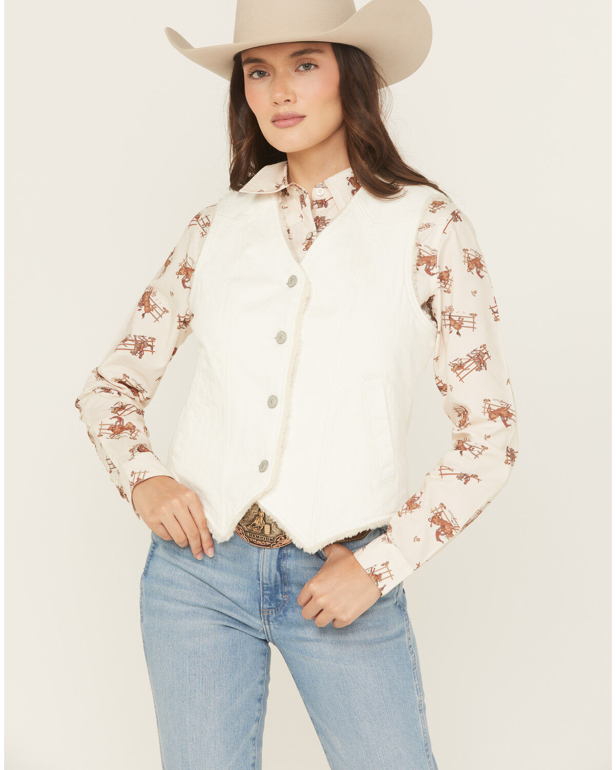 Image #1 - Shyanne Women's Sherpa Lined Button-Down Denim Vest, Off White, hi-res