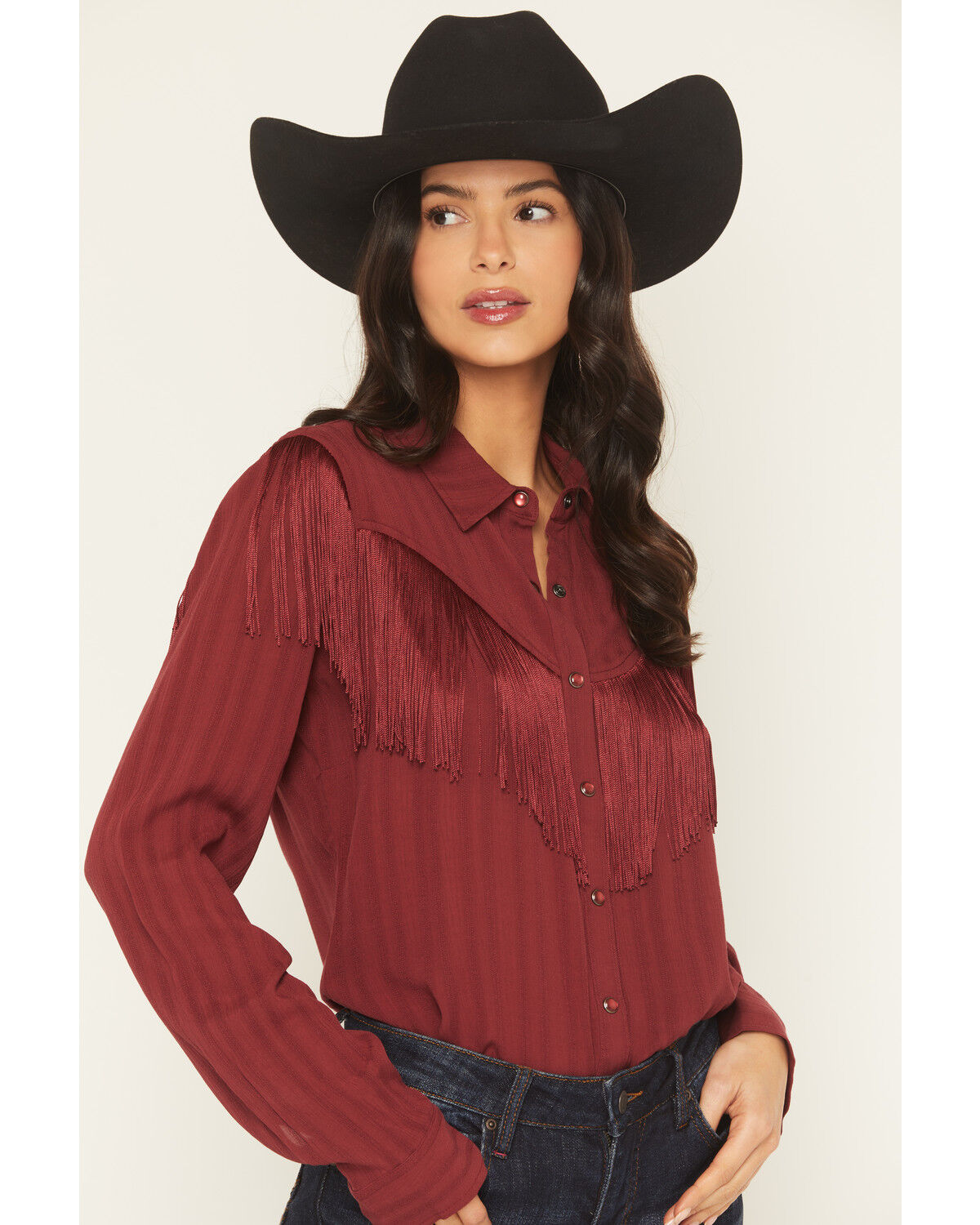 Image #4 - Idyllwind Women's Revive Fringe Long Sleeve Snap Crinkle Shirt, Cherry, hi-res