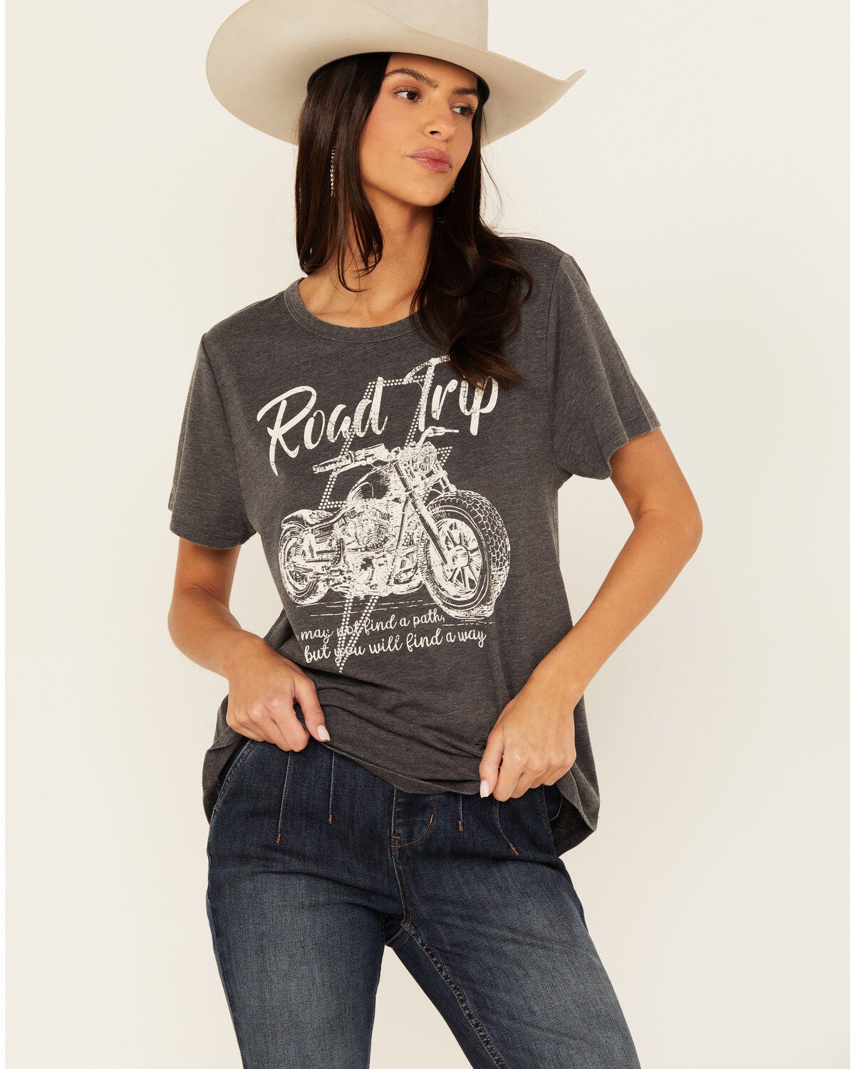 Blended Women's Road Trip Rhinestone Bolt Short Sleeve Graphic Tee, Black, hi-res