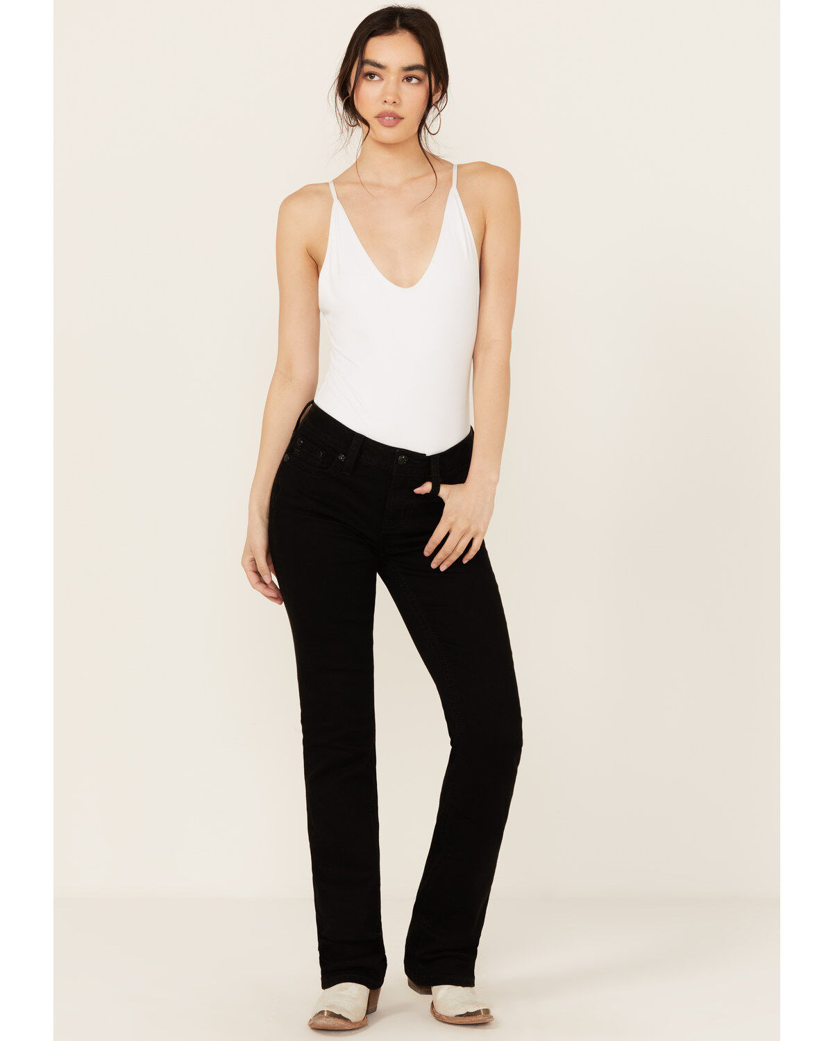 Image #3 - Miss Me Women's Mid Rise Wing Pocket Bootcut Stretch Denim Jeans, Black, hi-res